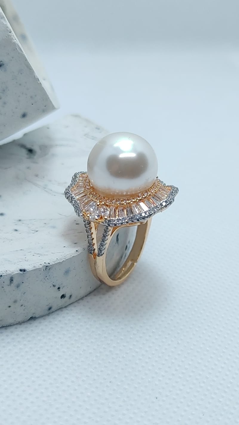 3 Colors | Pearl & Zircon Ring | 18K Rose-Gold | Adjustable Size | MR-421