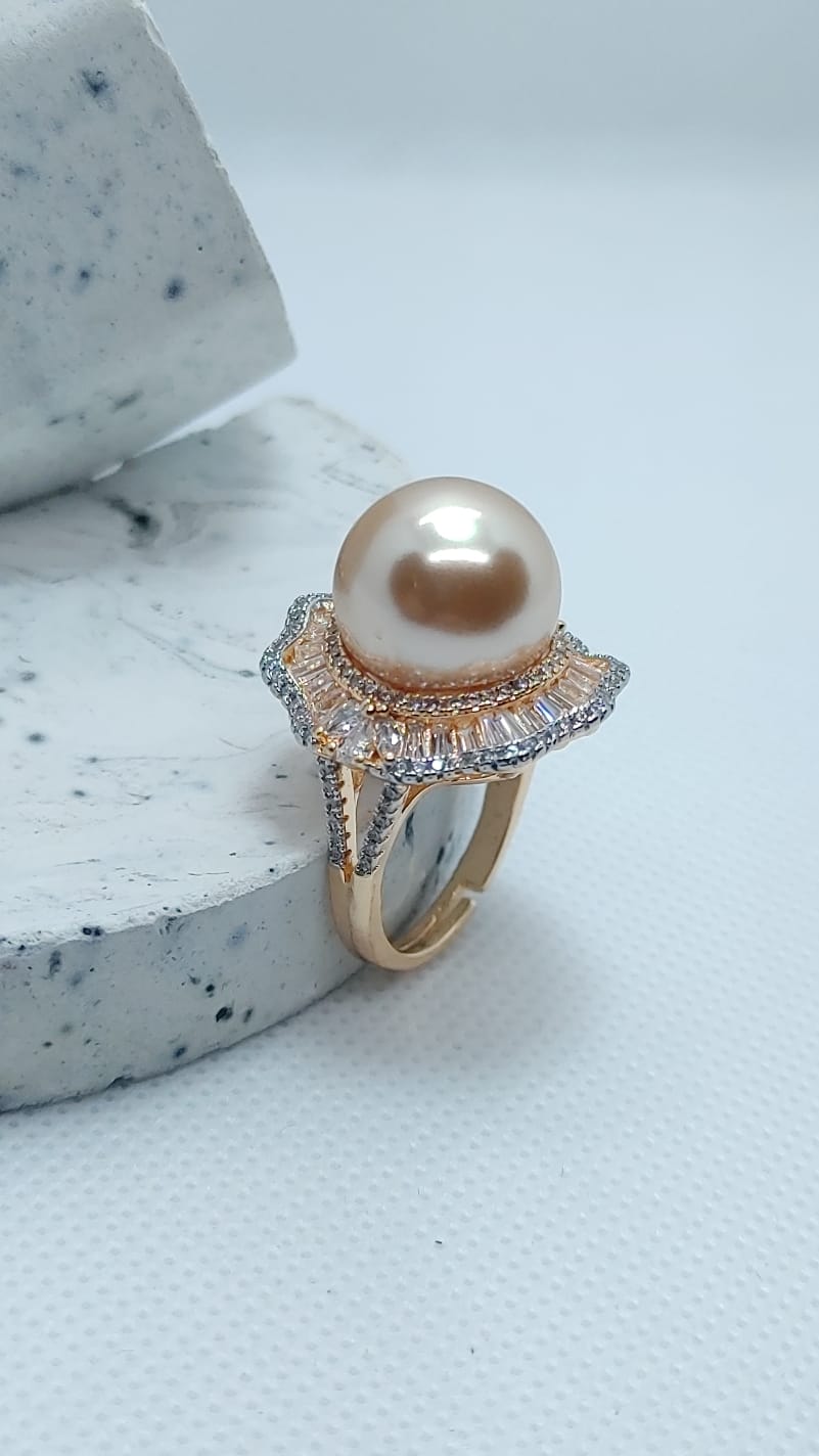 3 Colors | Pearl & Zircon Ring | 18K Rose-Gold | Adjustable Size | MR-421