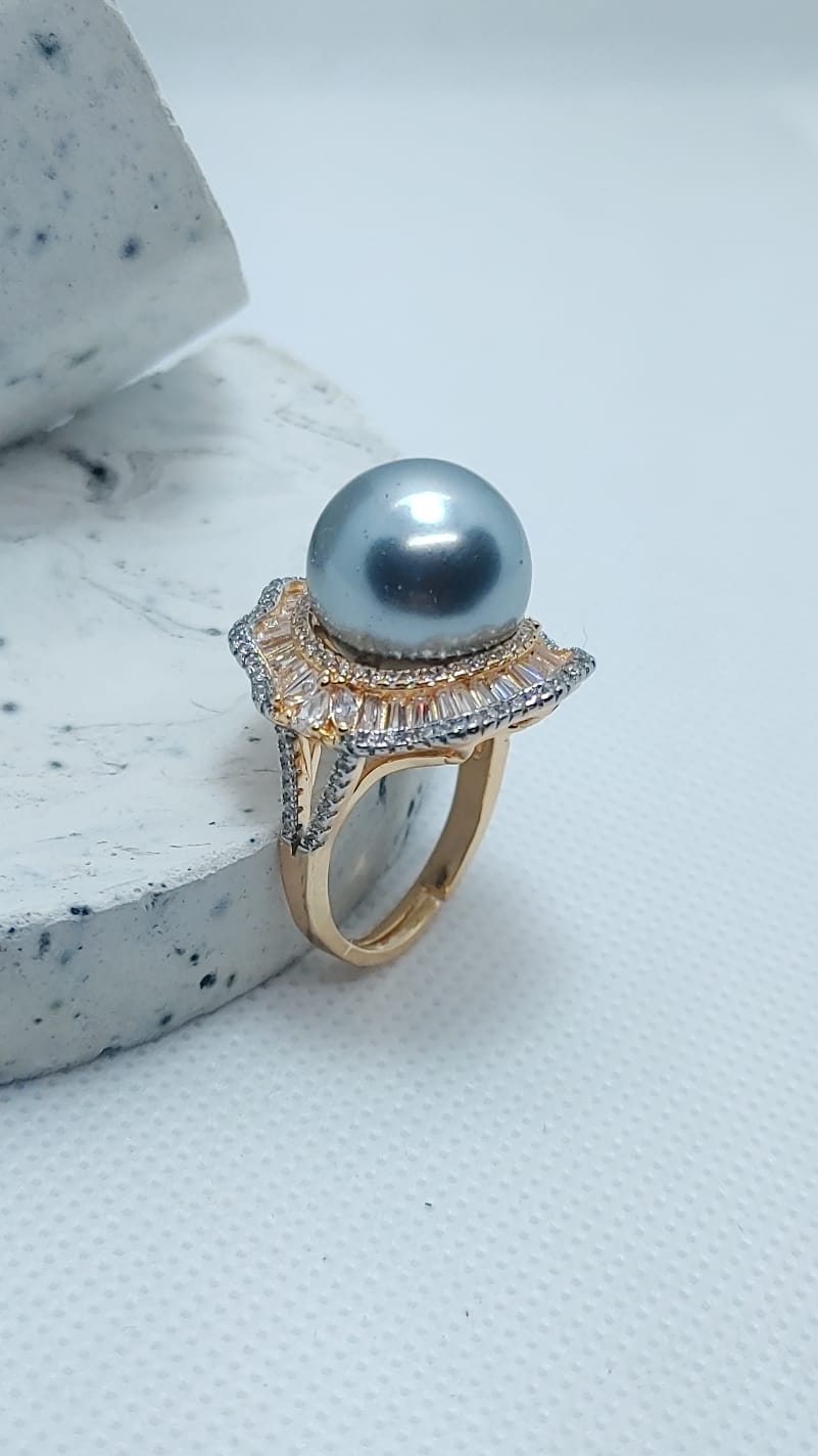 3 Colors | Pearl & Zircon Ring | 18K Rose-Gold | Adjustable Size | MR-421