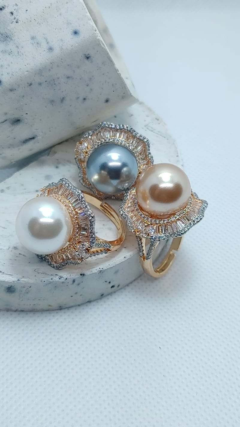 3 Colors | Pearl & Zircon Ring | 18K Rose-Gold | Adjustable Size | MR-421