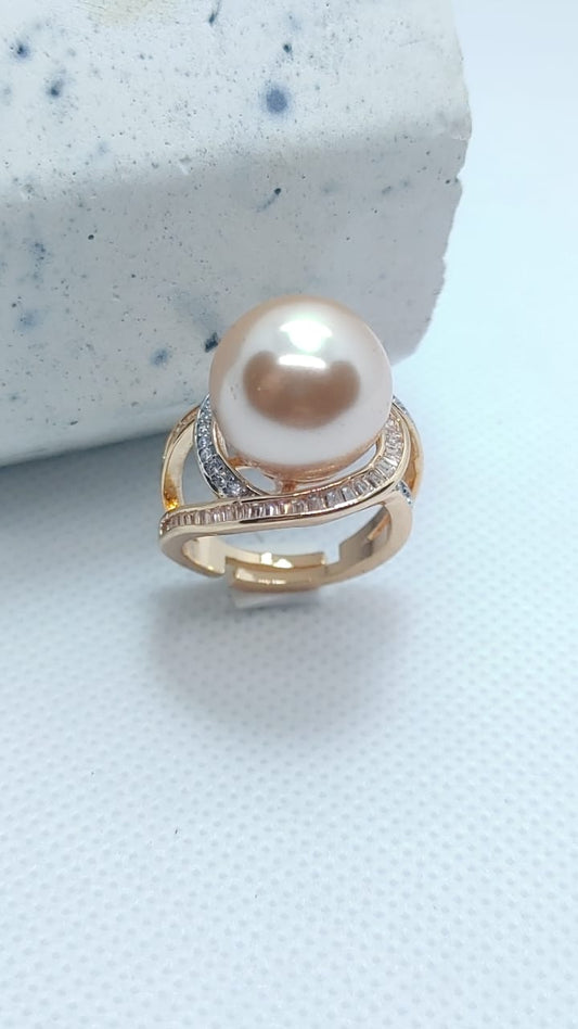 3 Colors | Pearl & Zircon Ring | 18K Rose-Gold | Adjustable Size | MR-423