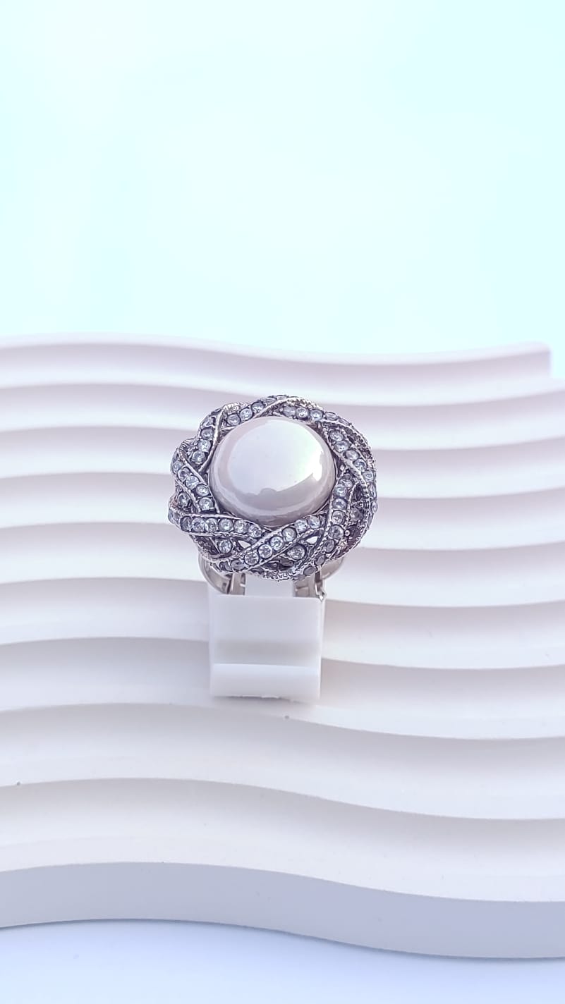 Zircon Judao Rings with Real pearl Stone | silver plated | Adjustable Size | 3Yrs Warranty